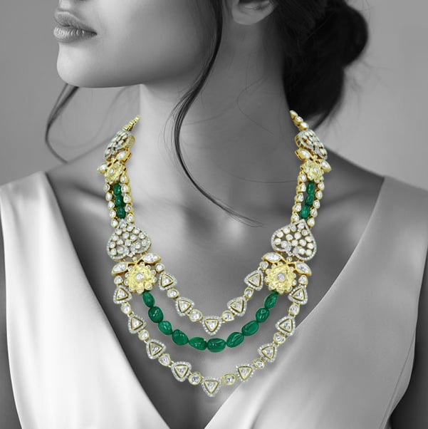Layered Polki Necklace with Emerald Maniya and Floral Motifs